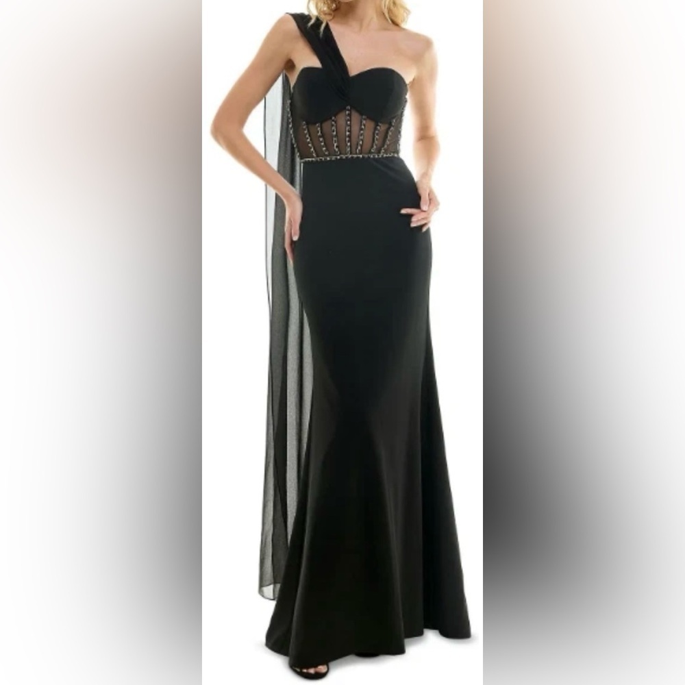 City Studio Juniors Illusion Bodice Gown With Flyaway Cape